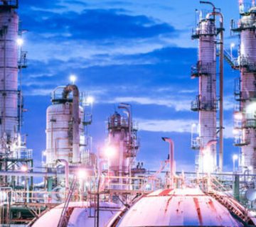 Gas storage sphere tanks in petrochemical plant with twilight sky background, Glitter lighting of industrial plant, Manufacturing of vinyl chloride monomer plant